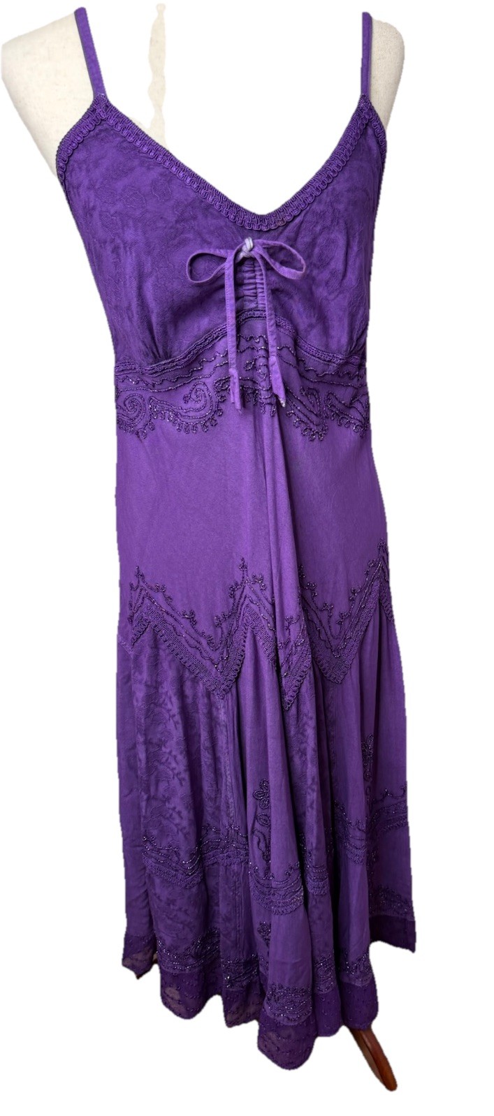 Sakkas Maxi Dress XL Purple Patchwork Embroidered Tie Back Whimsigoth Boho Fairy