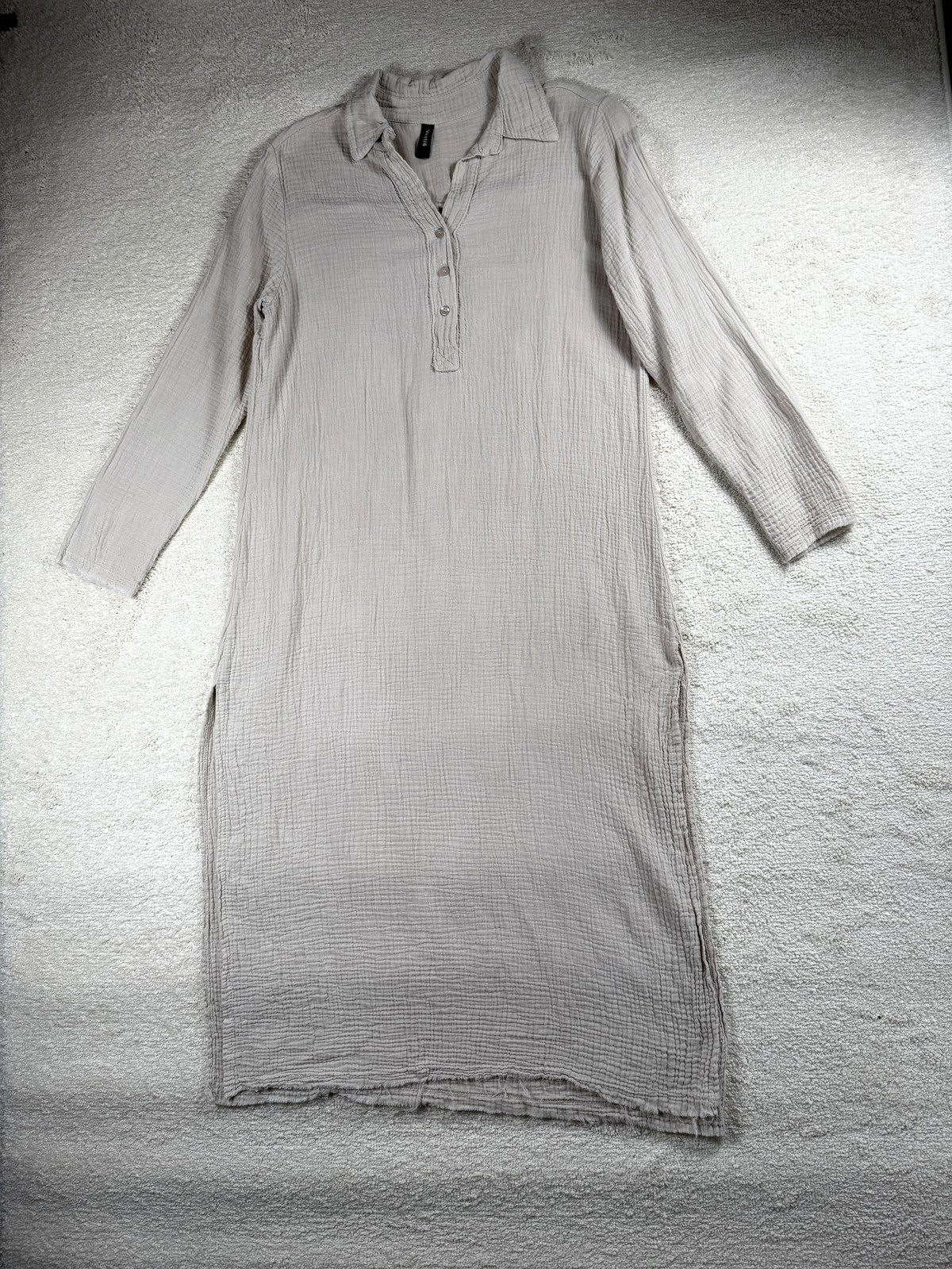 Venti6 Dress Women Small Beige Cotton Gauze Collared Shirt Maxi Casual Italy