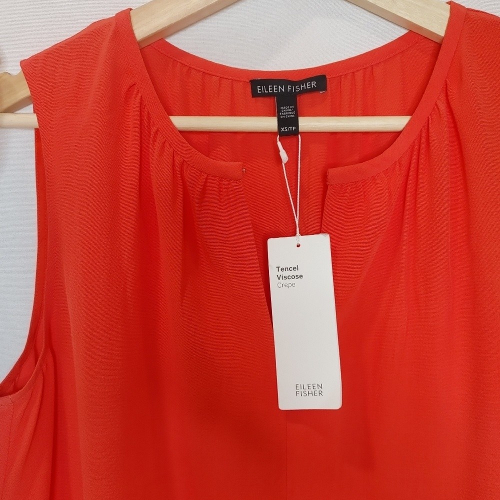 Eileen Fisher Shift Dress Sleeveless Round Split Neck Crepe Tencel Red Orange XS