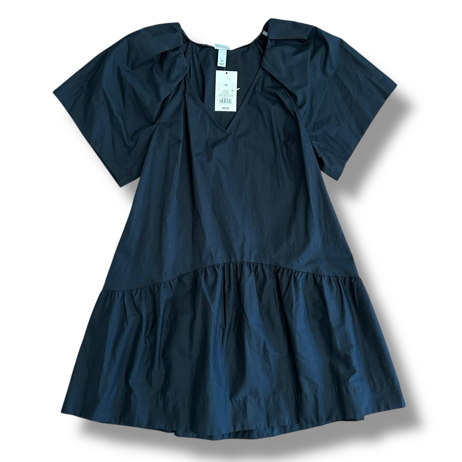 A New Day Black Cotton Tiered Mini Dress XS Puff Sleeve NWT