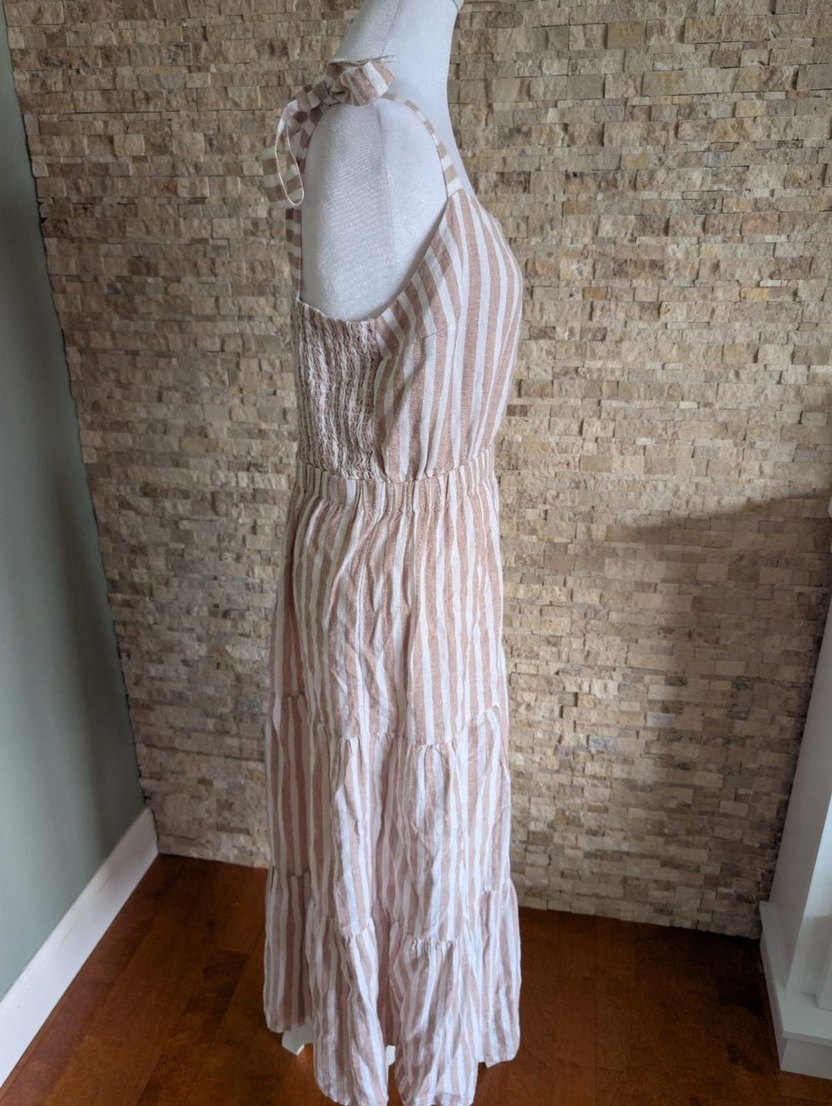 Linen Blend Tie Strap Ruffle Tier Coastal Neutral Striped Midi Dress Sz L Beach