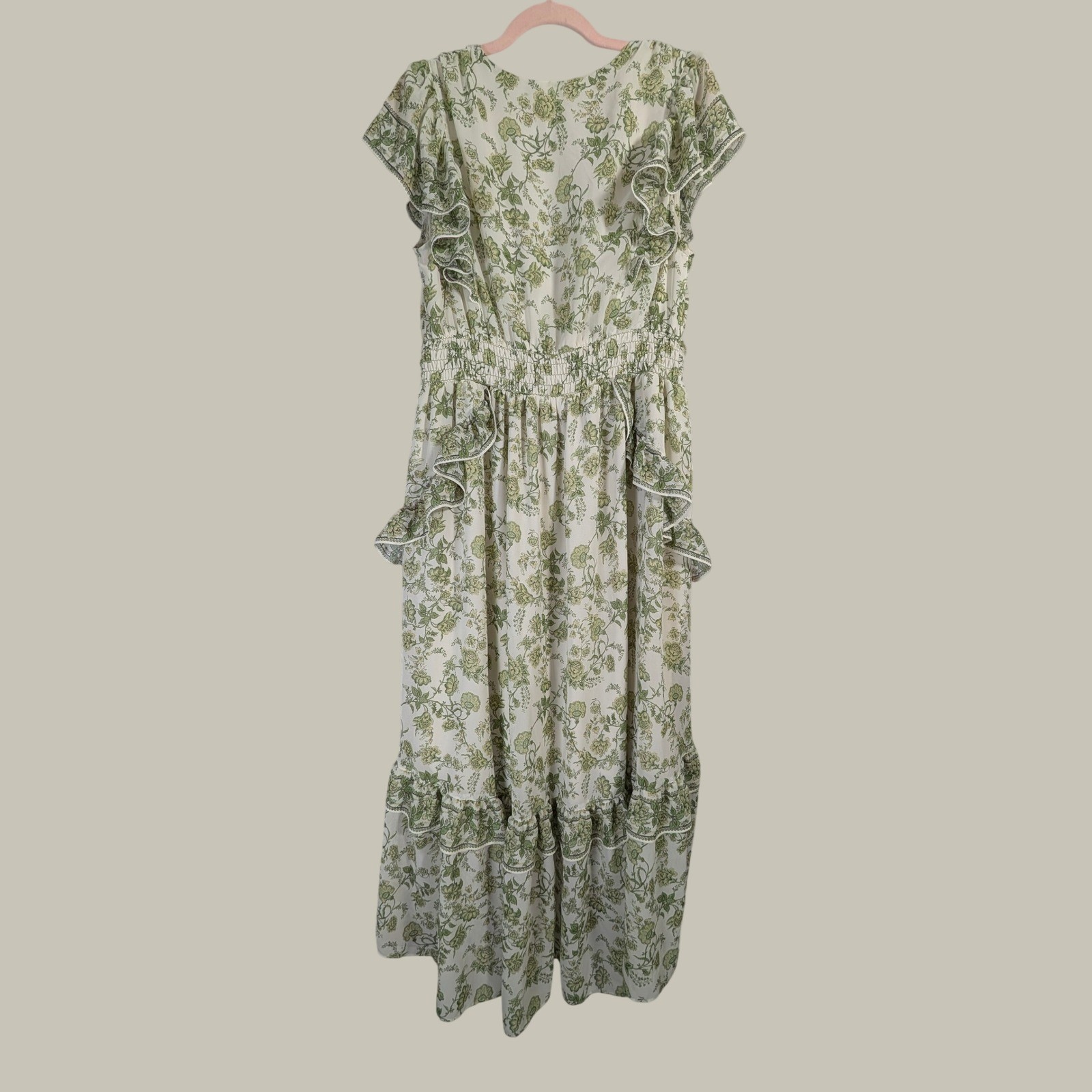 Max Studio Maxi Dress Womens Large Green Floral Ruffle Tiered V-Neck 2910Y65