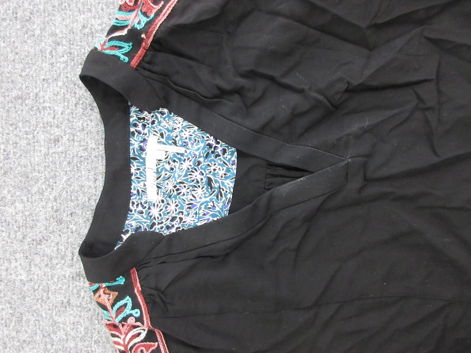 Floret Dress Womens Petite Small Black Embroidered Boho Trapeze Long Sleeve