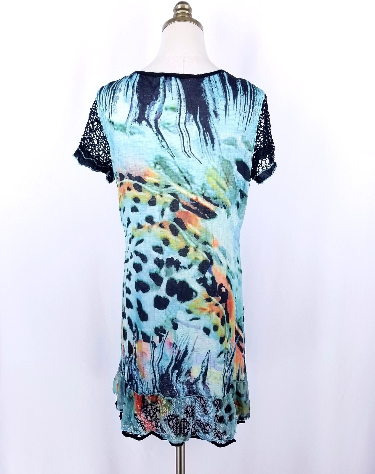 FLEUR DE LIS Tunic Dress Size M Blue Animal Print Mesh Accent Ruffle Hem