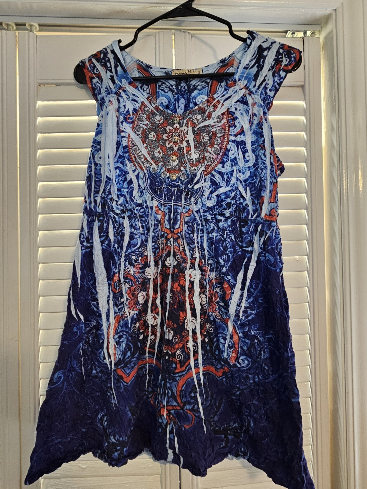 One World Size S Blue White Orange Paisley Sleeveless A-Line Dress Bohohemian