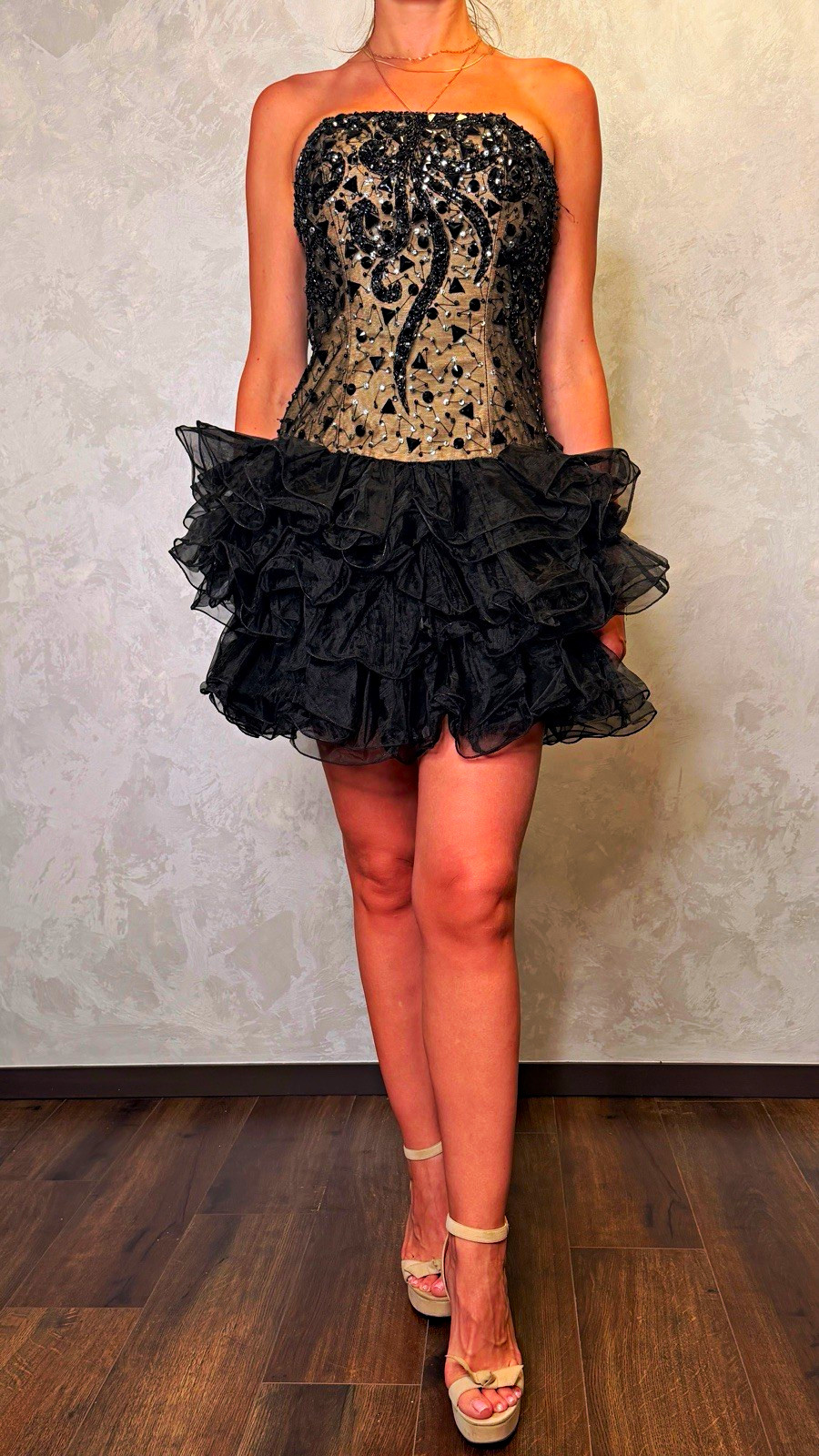 Colors Dress Black Gold Strapless Corset Beaded Sequin Tulle Mini Dress 6
