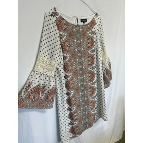 Luxology Womens Paisley Polka Dot Bell Sleeve Lace Inset Shift Dress Size 4