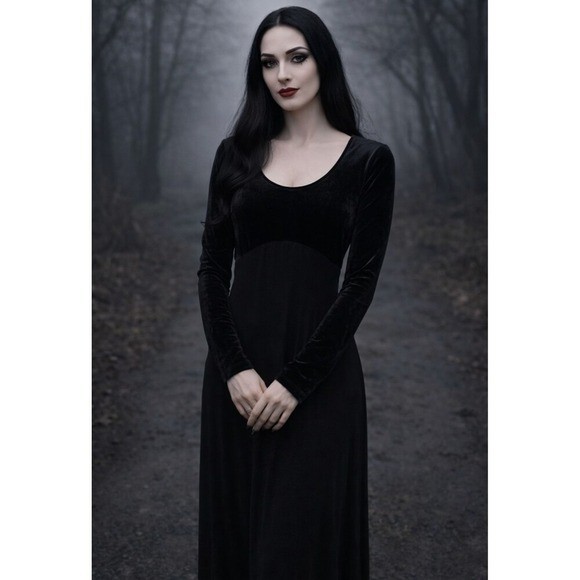 Shape FX Women’s Black Velour Maxi Dress Gothic Long Sleeve Bodycon Size 10