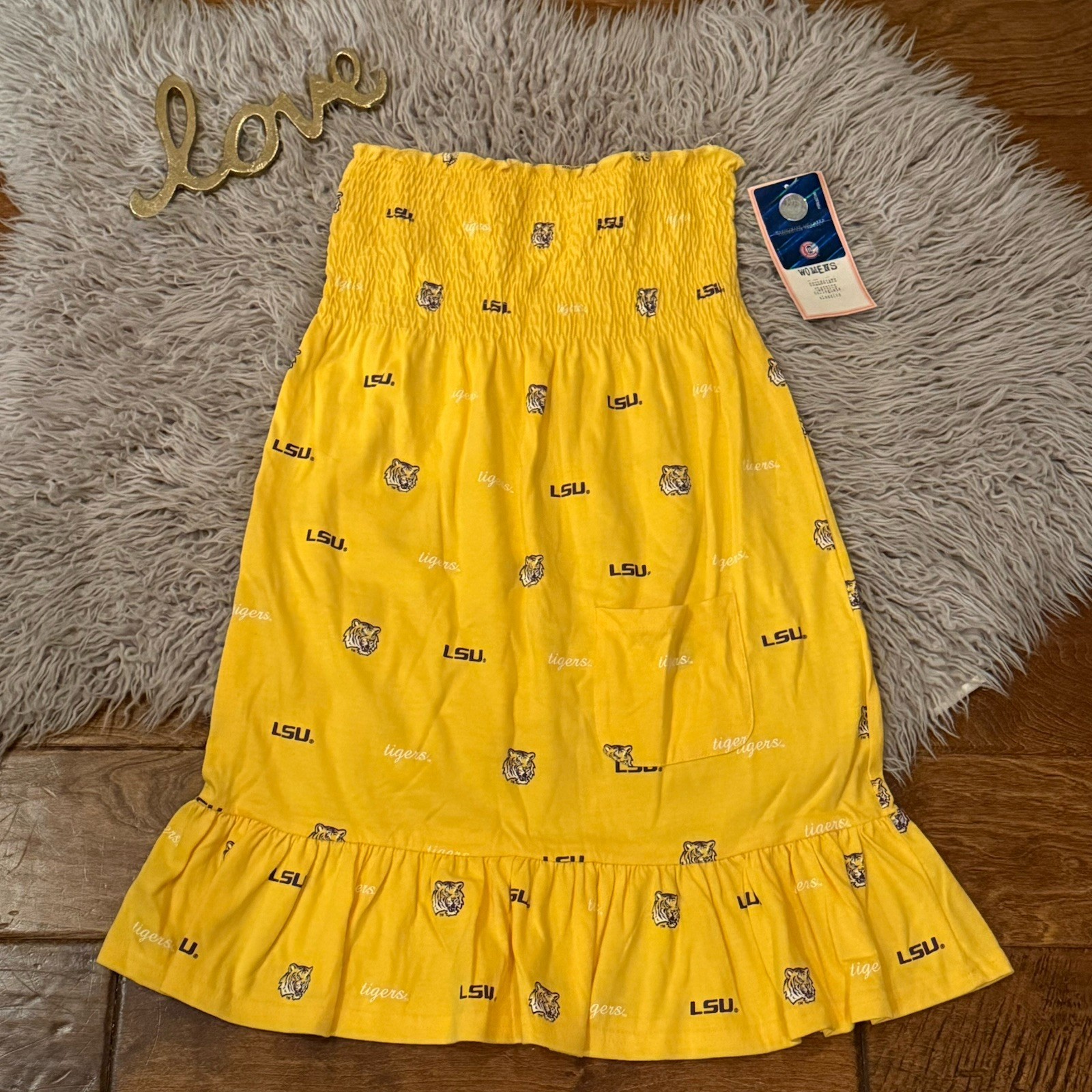 E5 College Classics LSU Dress Yellow Strapless Smocked Pocket Size Small NWT