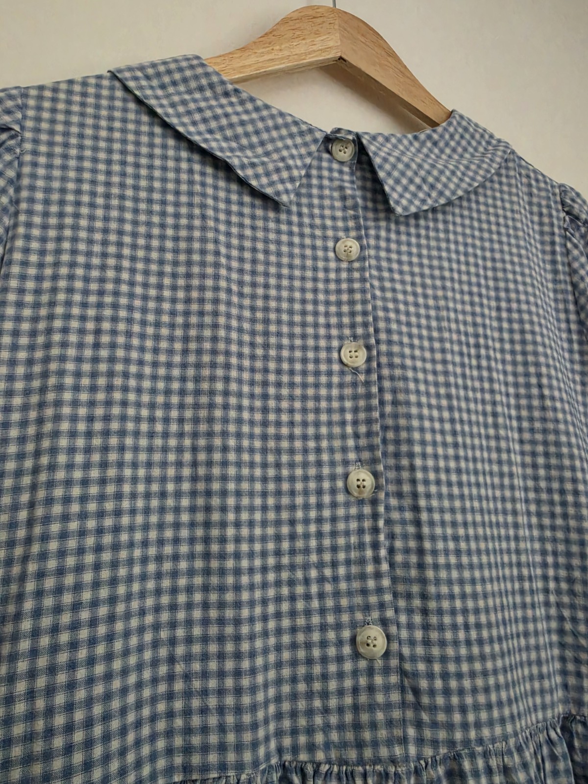Olive Blue White Gingham Peter Pan Collar Smock Dress 100% Cotton Cottagecore