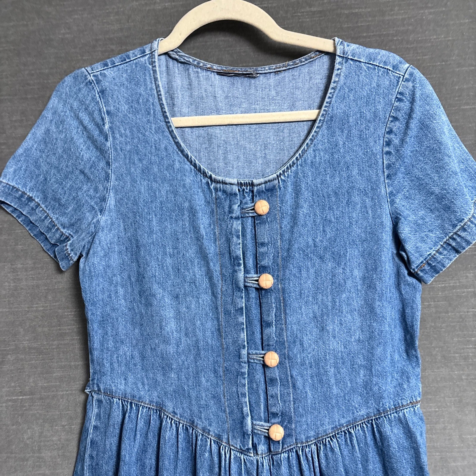 Vintage 90s Dress M Blue Denim Button Short Sleeve Midi Cottage Country Western