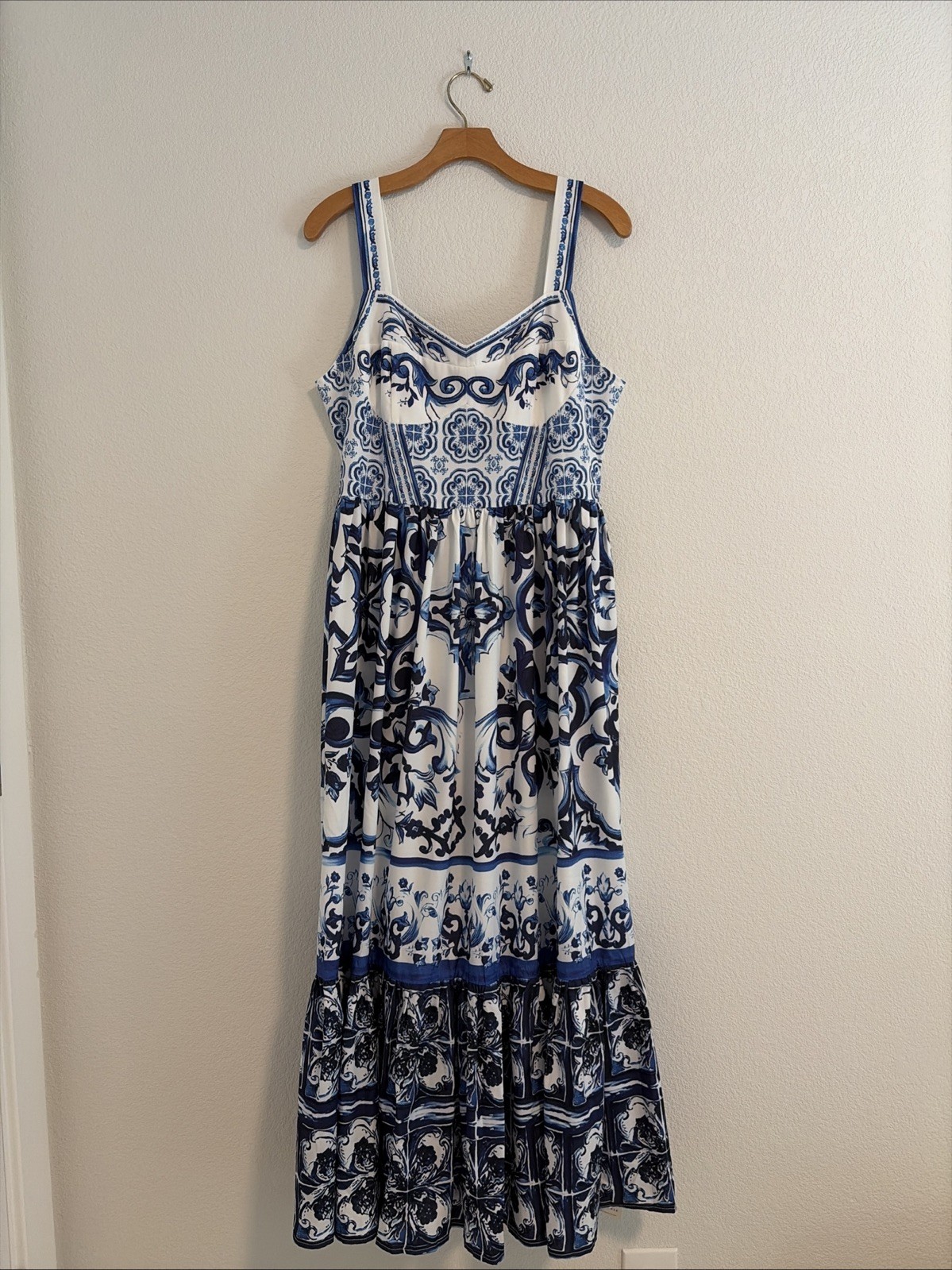 NWT Commense Blue White Dress XL European Sweetheart Neckline Long Dress Women