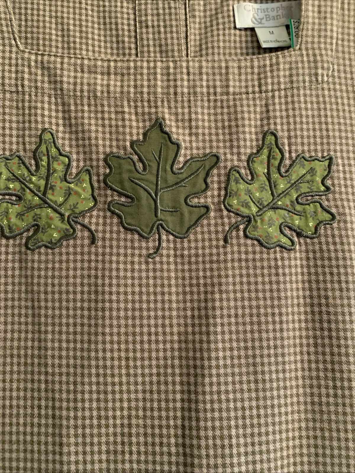 Christopher & Banks M Vtg Jumper W/Leaves Olive & Tan Check Maxi Dress