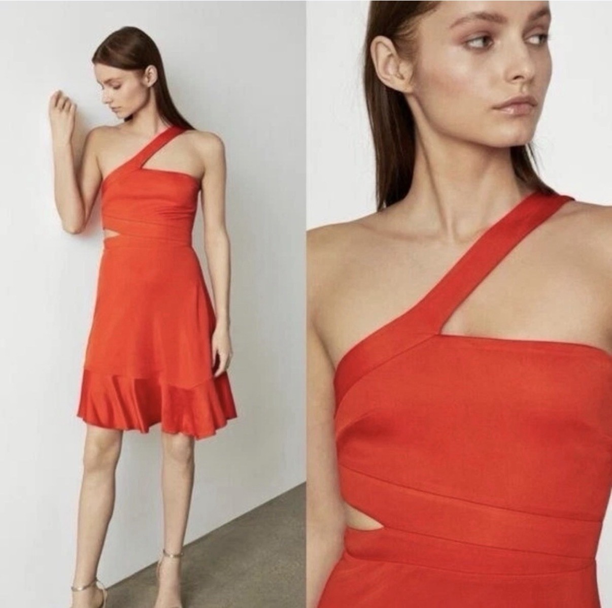 NWT BCBGMAXAZRIA Vibrant Orange HalterCutout Ruffled Mini Dress – Size Medium