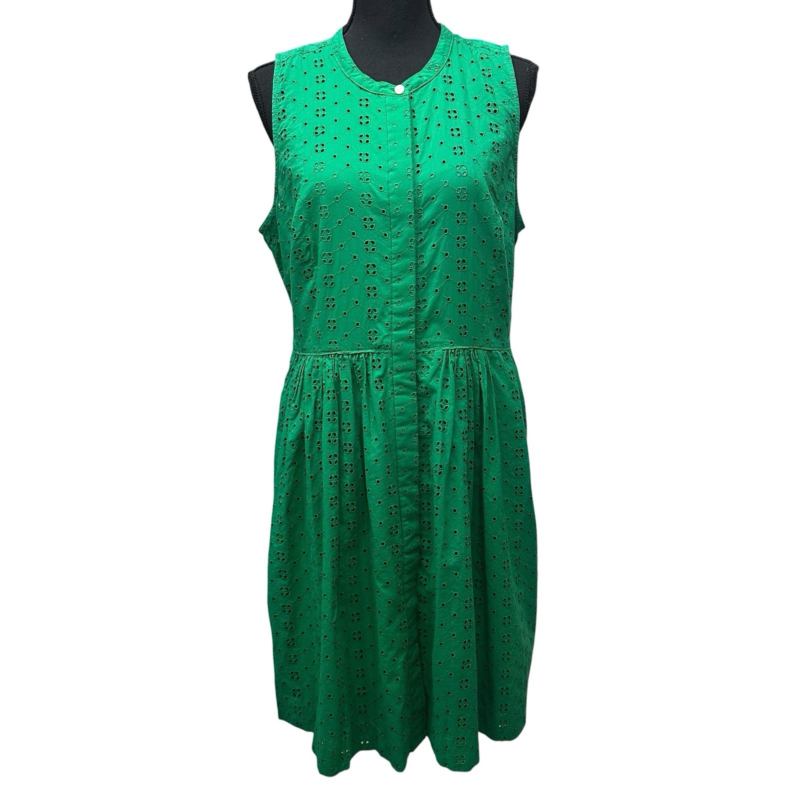 J. Crew Kelly Green Eyelet Sleeveless Cotton Midi Shirt Dress Womens L