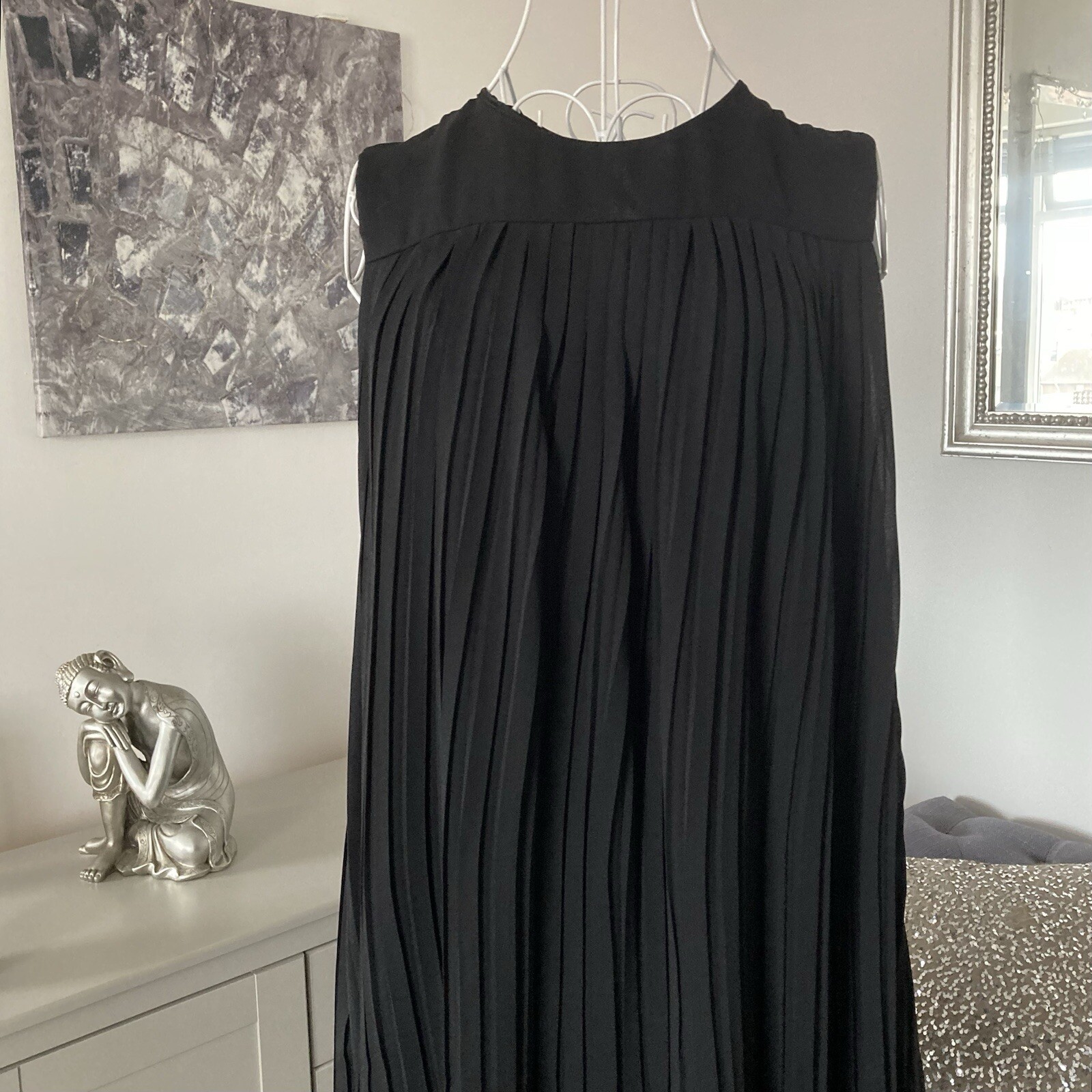 Black Chiffon Round Neck Sleeveless Button Fastening Pleated Swing Mini Dress 8