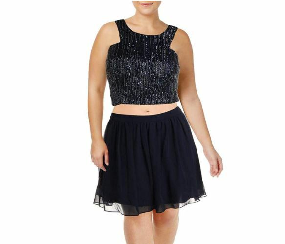 B Darlin Junior Womens 19/20 Navy 2 Pc Sequined Beaded Lined Crop Top Dress NWT