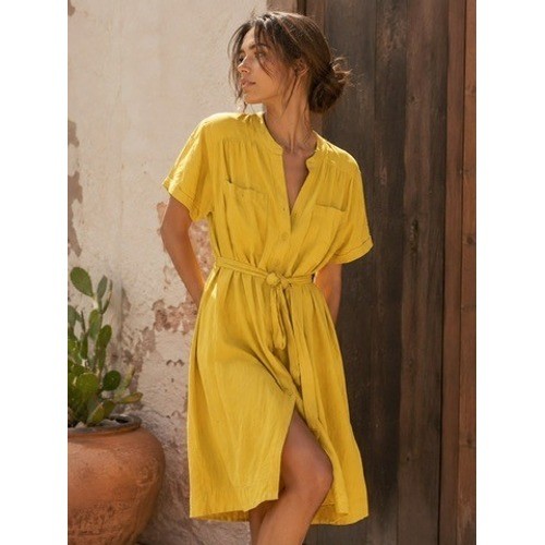 J. Jill Yellow Linen Blend Short Sleeve Button Front Belted Midi Dress Womens M