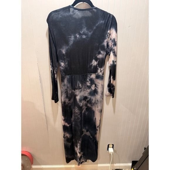 Fraiche by J Tie Dye Wrap Maxi Dress Black Grey Long Sleeve V-Neck Medium NWT