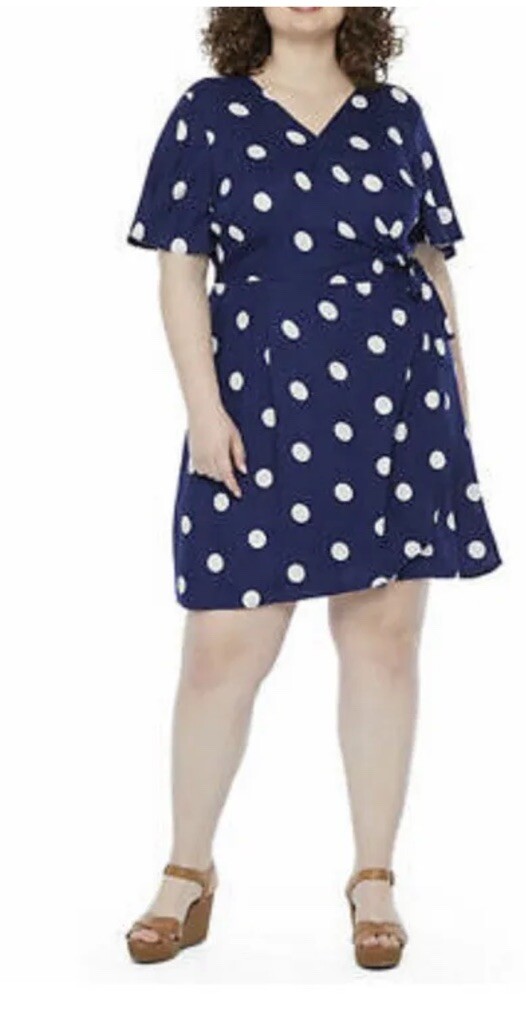 Payton Parker Navy Blue L Wrap Dress Tie Short Sleeve V Neck Mini Dot