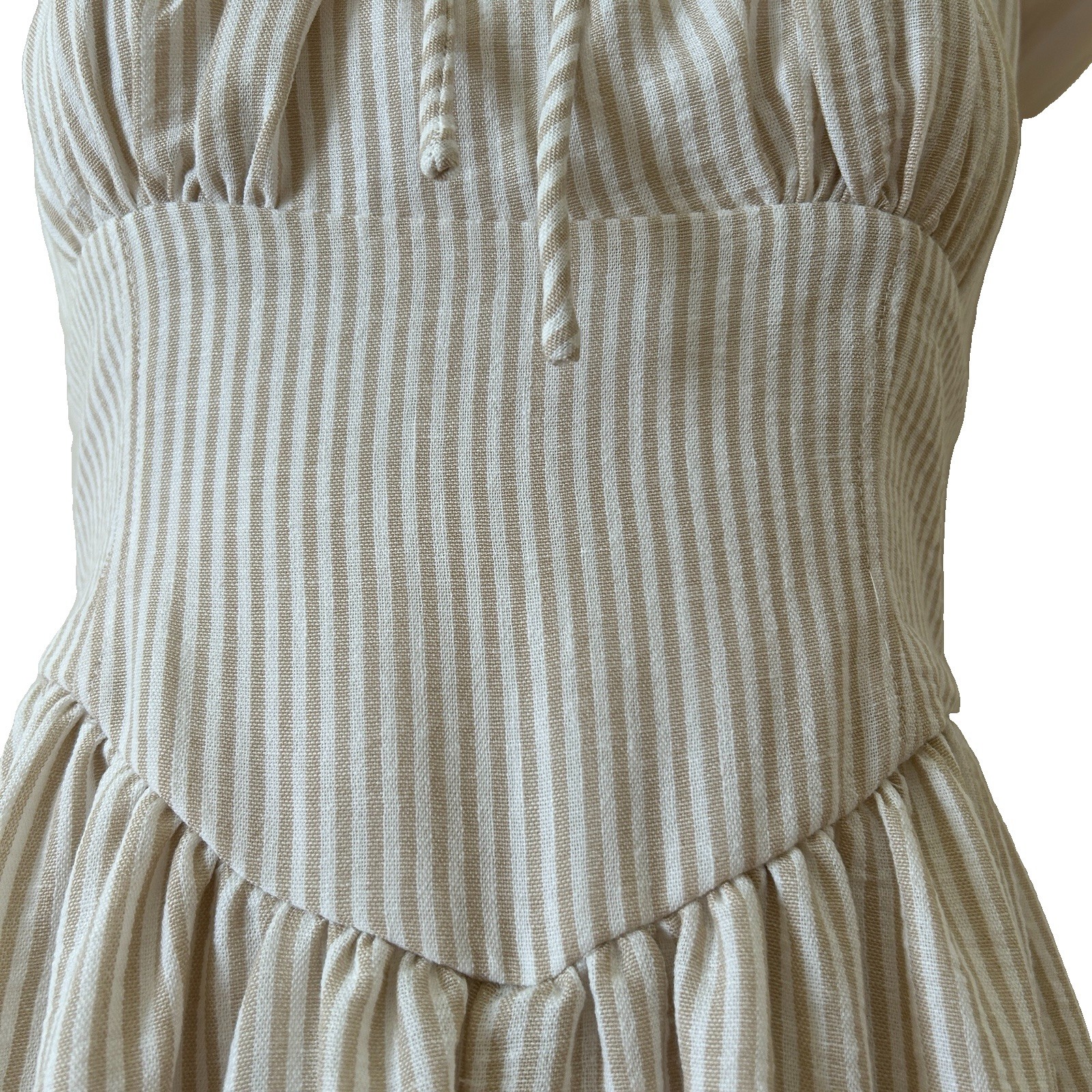 THE WORKSHOP Cottagecore Cream/Tan Striped Tie Front Midi Dress Size M, NWOT