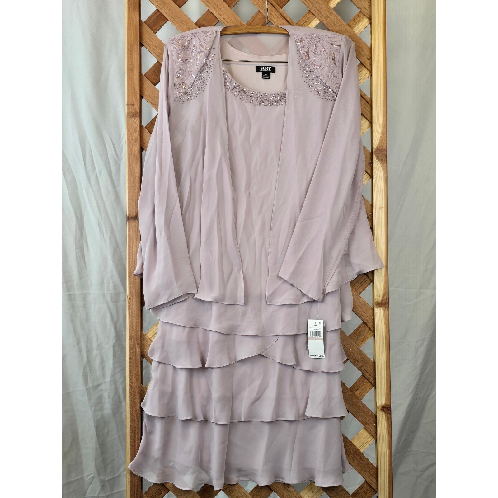 SLNY 2-Piece Tiered Cape Dress Women Size 12 Lavender Frost Beaded -NWT