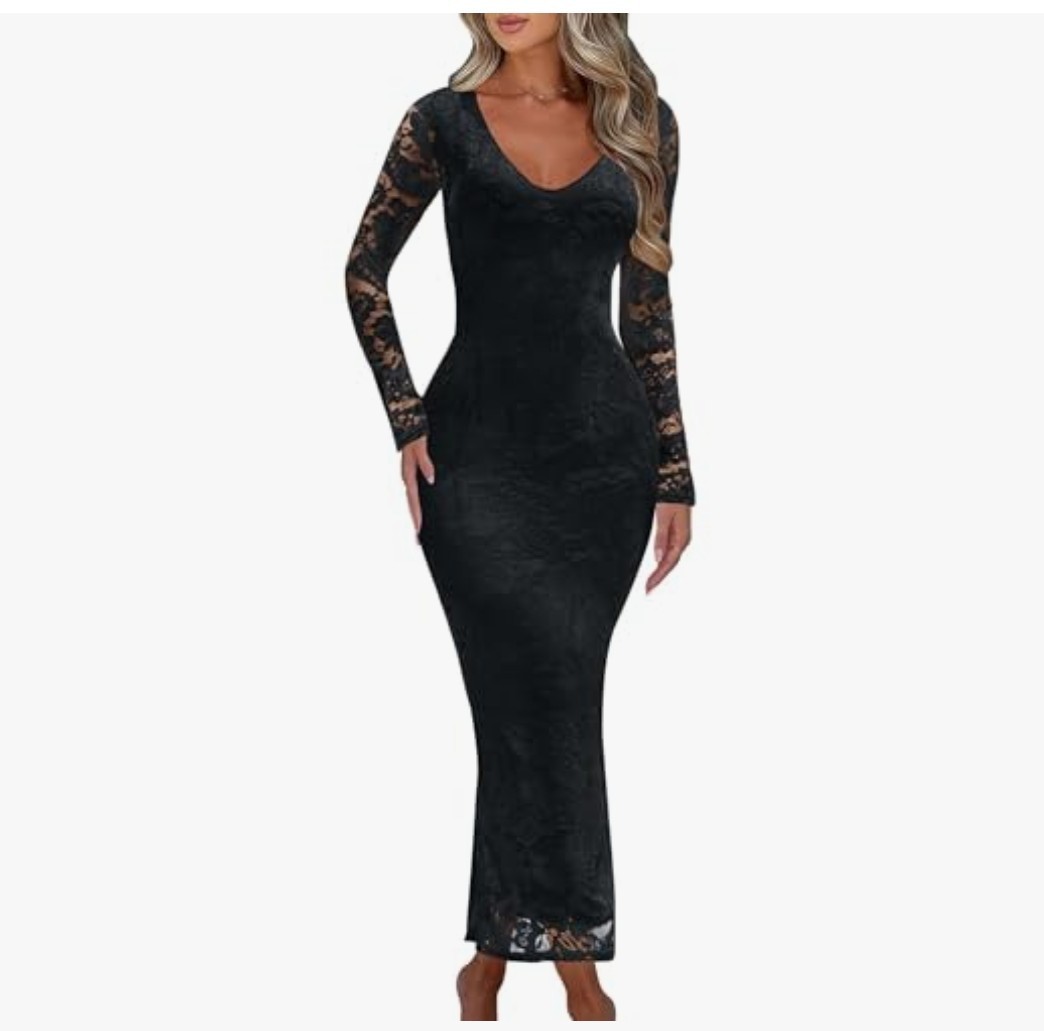 Ekaliy Women Bodycon Maxi Dress Floral Lace Flare Sleeve Fitted Black Sz S NWOT