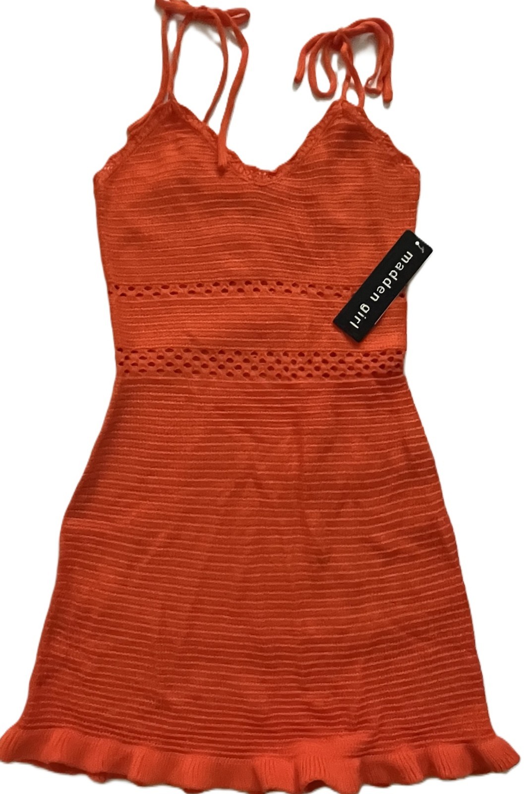 MADDEN GIRL Orange Crochet Dress Shoulder Ties V Neck Ruffle Hem Womens S *NEW*