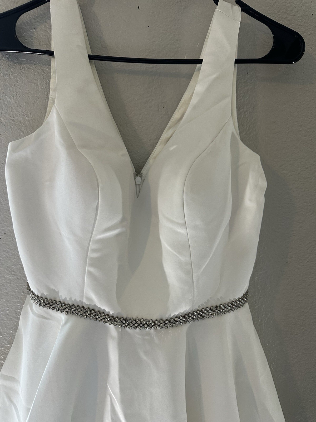 Dancing Queen White Satin Fit & Flare Short Dress Beaded Waist V-Neck Sleeveless