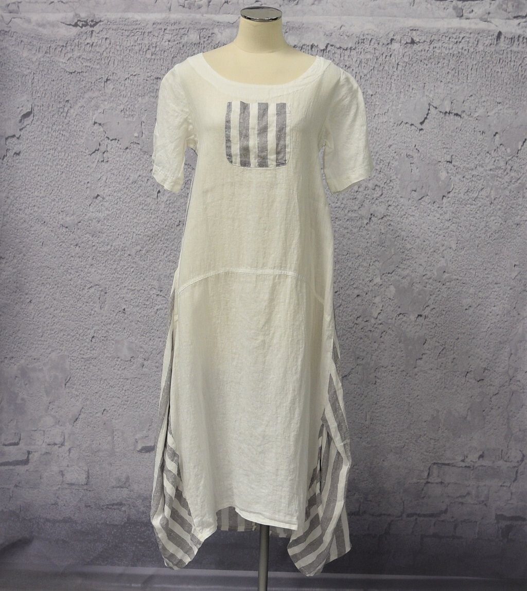 LUUKAA Linen 8Y0524 Lagenlook Light Linen STRIPE POCKET DRESS (sizes 6-10) WHITE