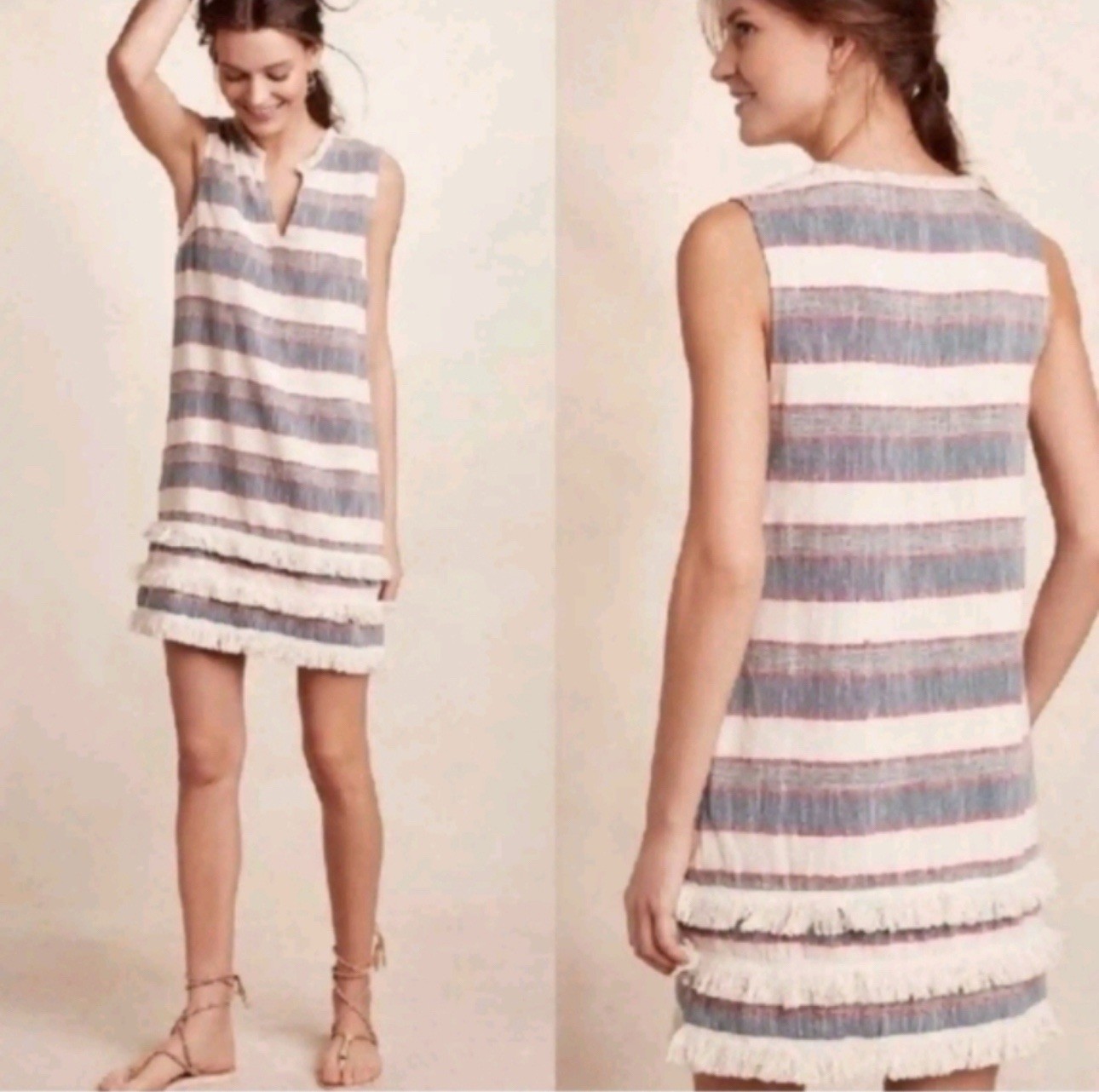 Anthropologie Holding Horses Tassel Fringe Cream Blue Red striped dress Sz 12P