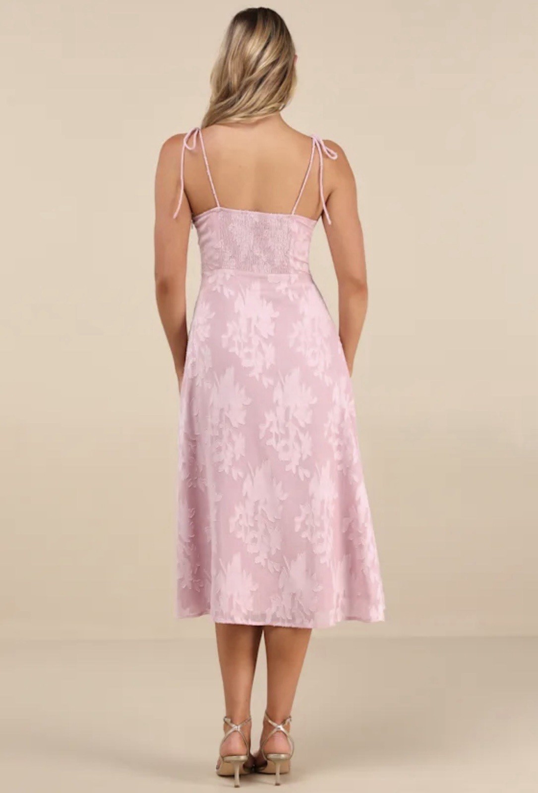 Lulus Loveliest Looks Blush Pink Floral Jacquard Tie-Strap Midi Dress M