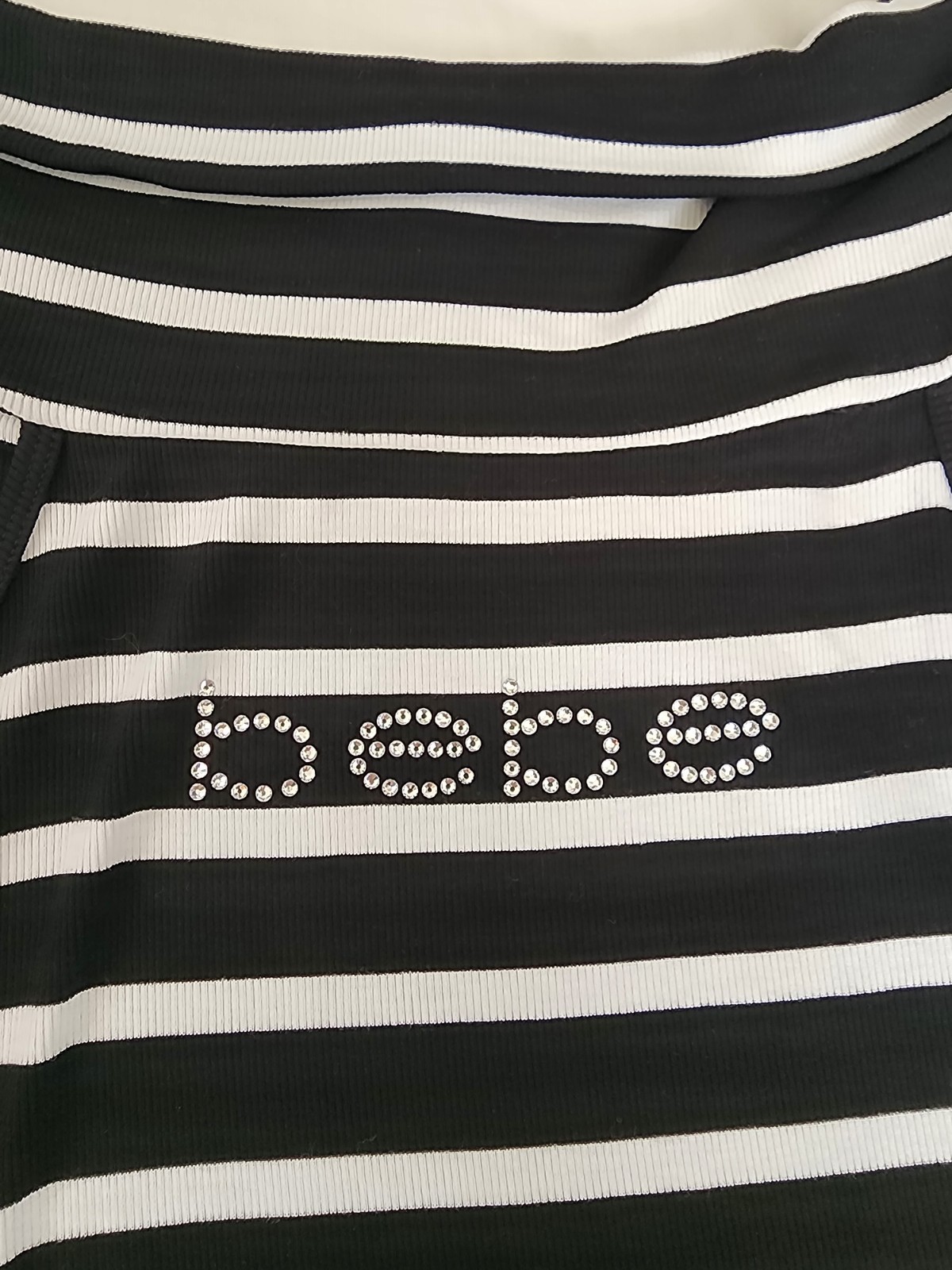 bebe Womens Dress Small Black White Striped Rhinestone Logo Fold Over Neck NWT