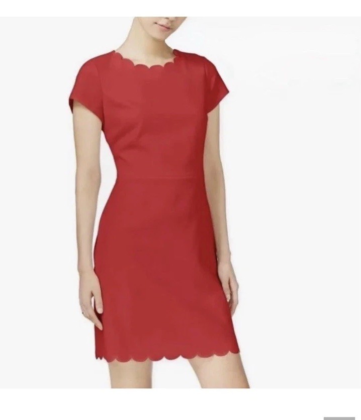Talbots Red Solid Scalloped Neck Short Sleeve Sheath Midi Dress Size 4