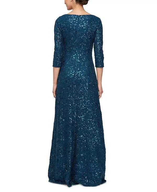 Alex Evenings Deep Teal Blue Sparkle Ruffle Sequin Lace Gown Size 4 $259