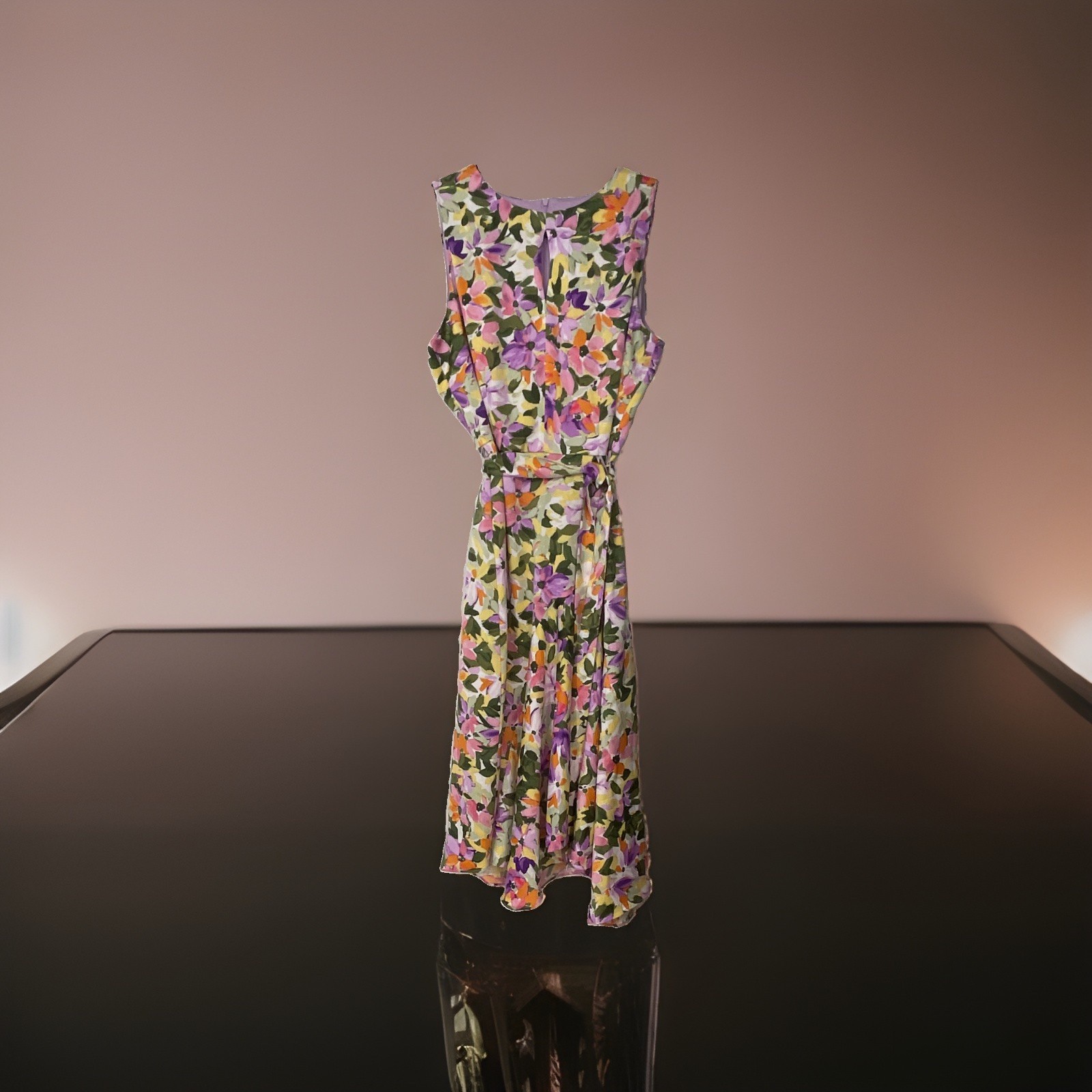 London Times Women’s Multicolor Floral A-Line V-Neck Sleeveless Midi Belted 10