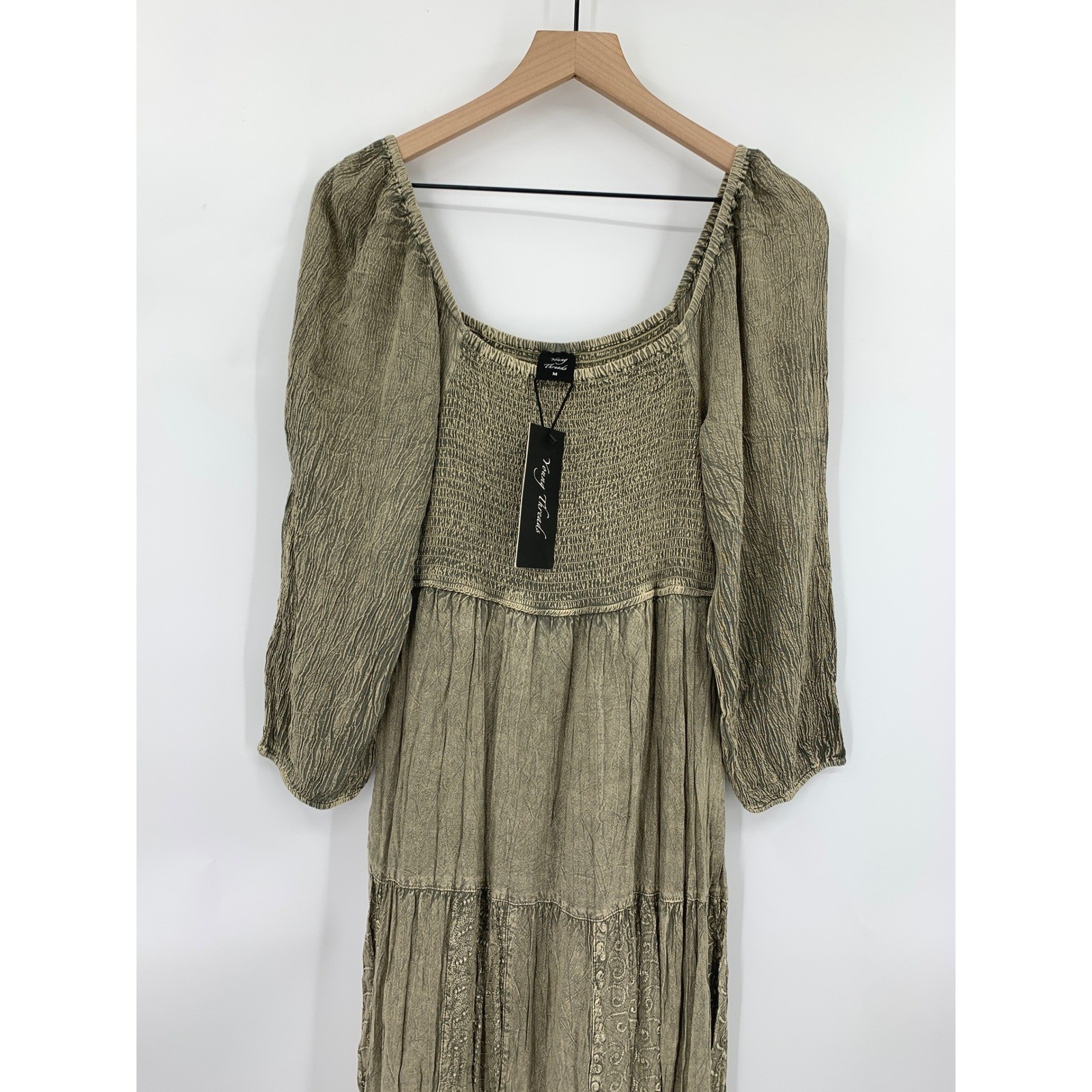 Young Threads Dress Womens Medium Green Gray Maxi Long Smocked Boho NEW