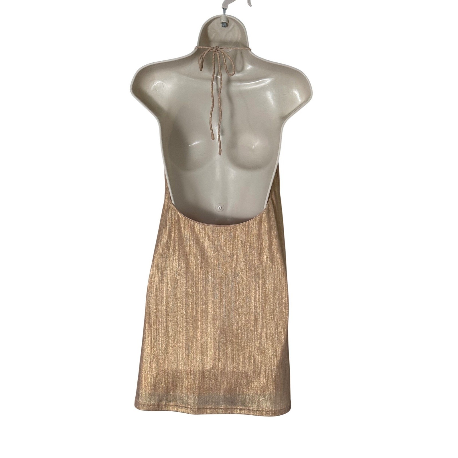Superdown Margo Gold Champagne Metallic Halter Mini Shift Dress Party Club L