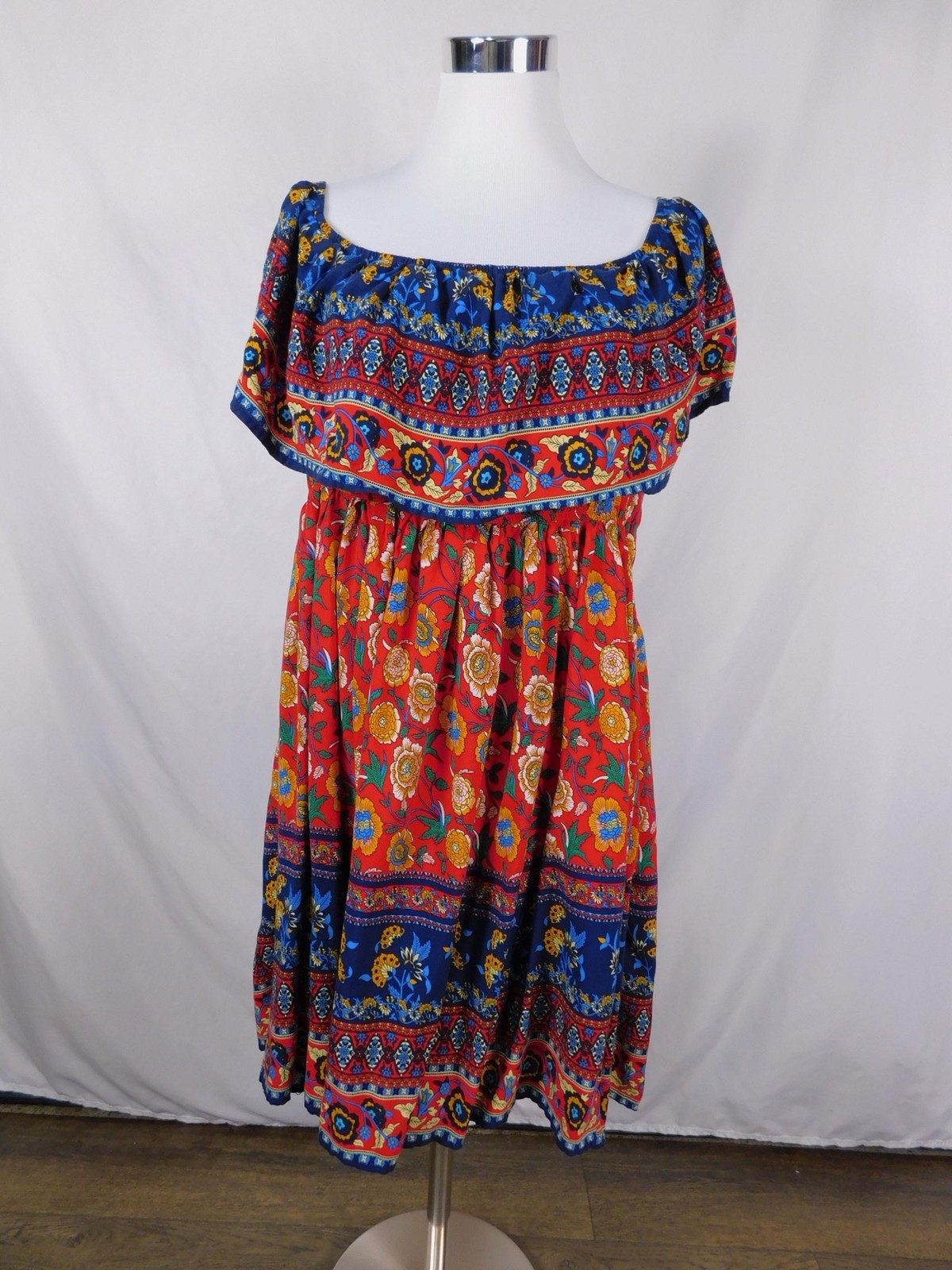 Red Blue Boho Floral Off-Shoulder Midi Dress 3XL – Peasant Flutter Sleeve
