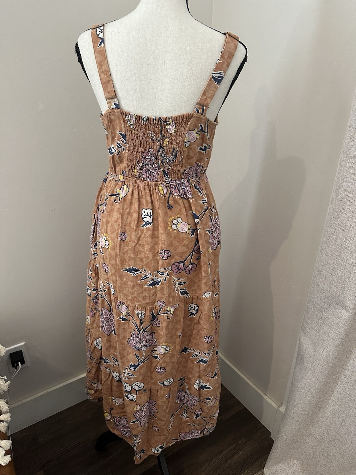 SONOMA Goods for Life Brown Floral V Neck, Smocked Back, Midi Dress- Size S
