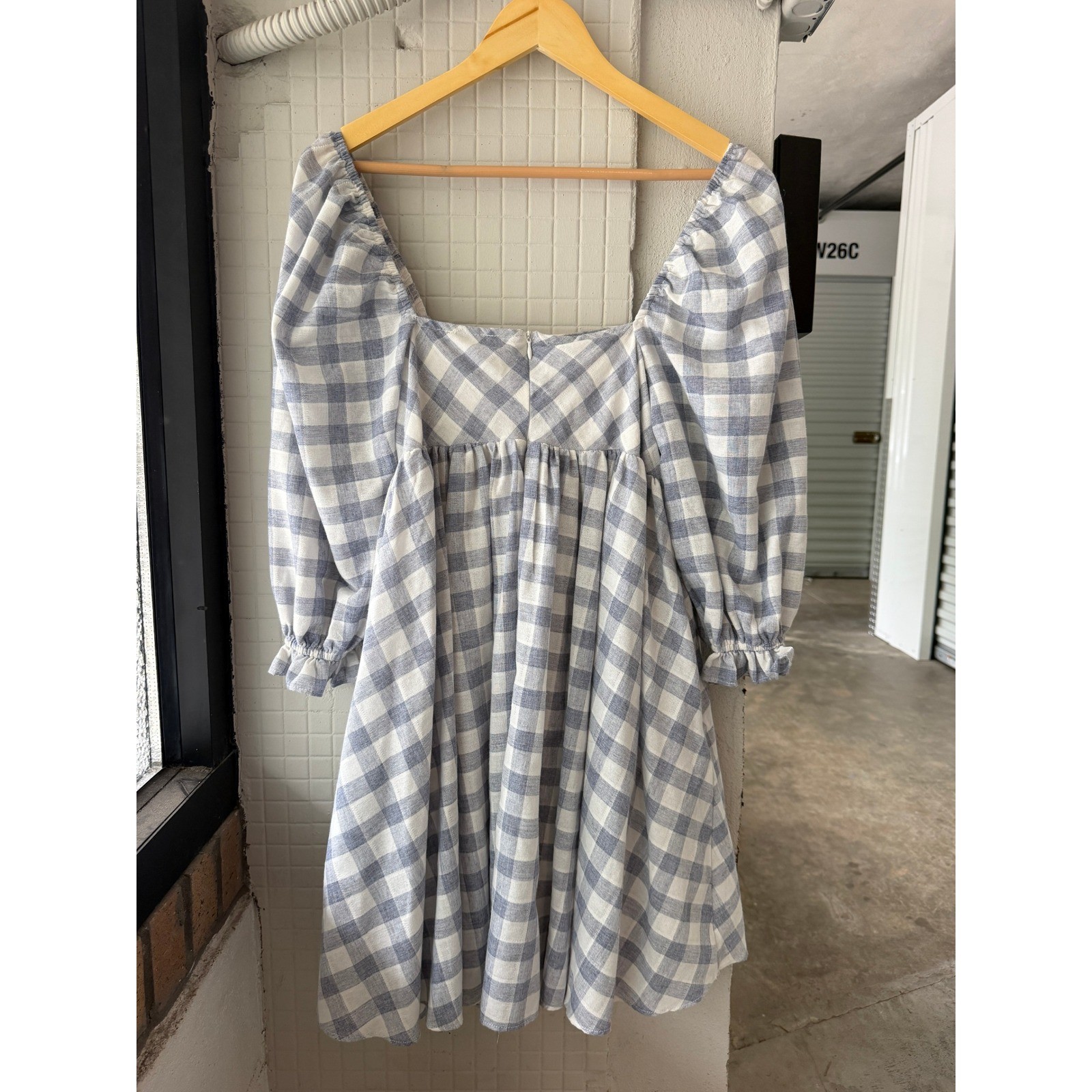 Storia Blue Gingham Puff Sleeve Babydoll Mini Dress Square Neck JD2443A Medium