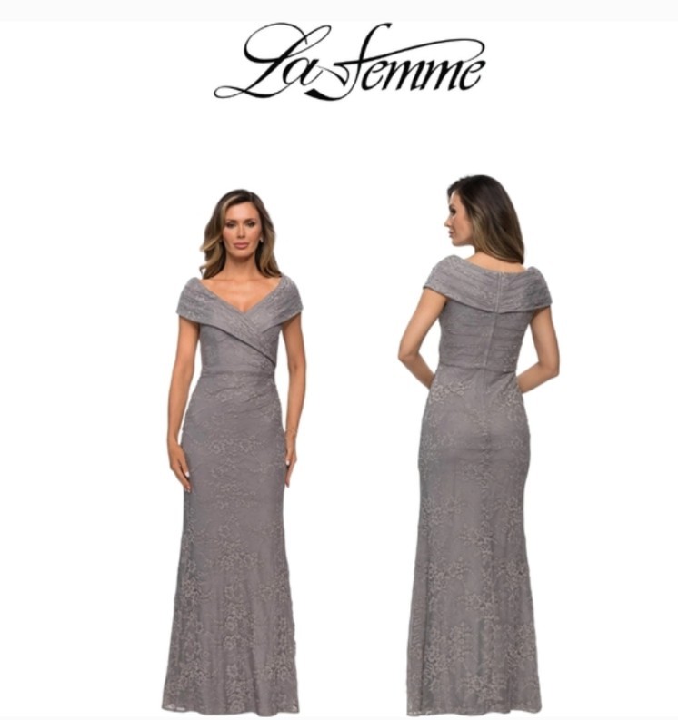 La Femme V-Neck Off Shoulder Knit Lace Sheath Long Dress Gray Size 6