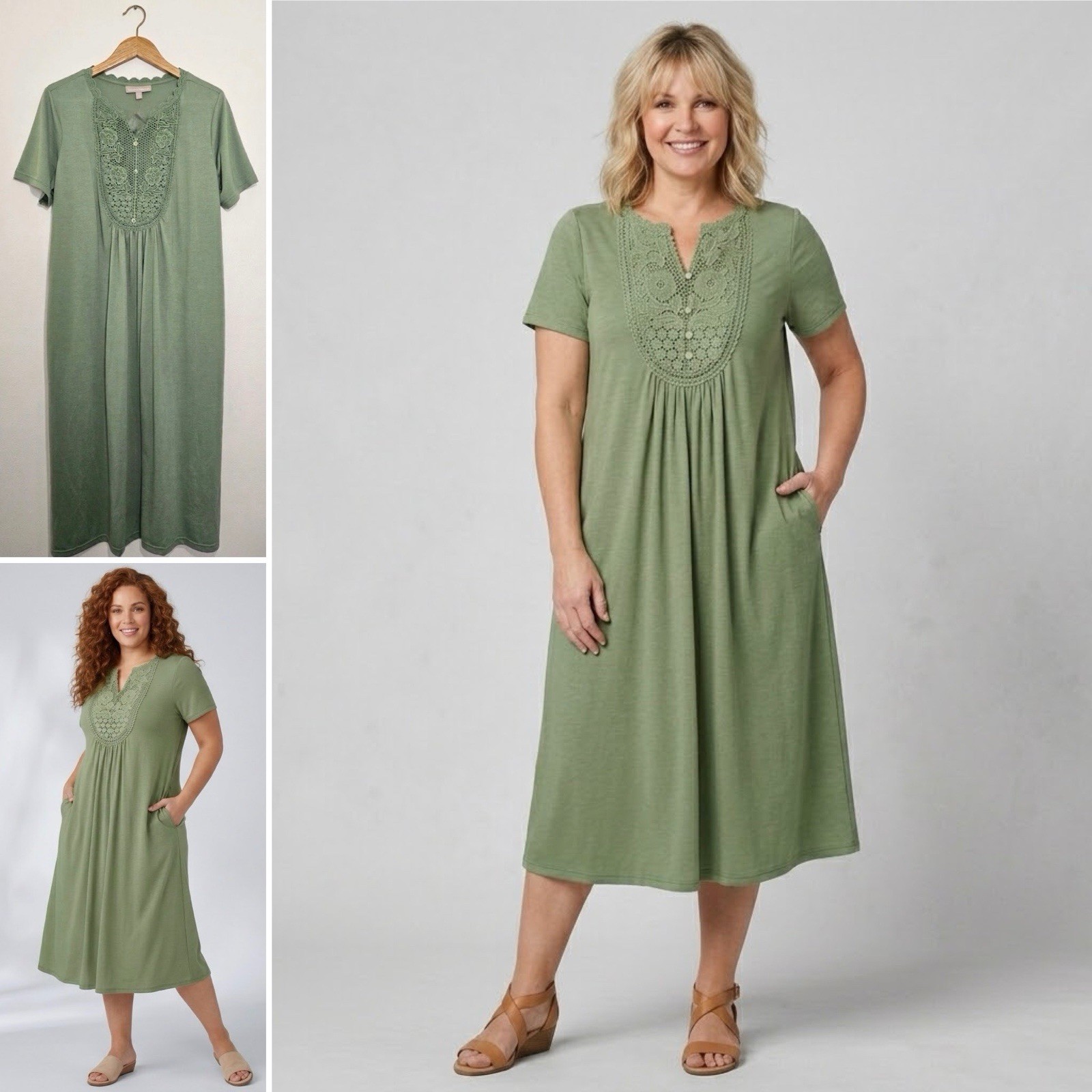 Woman Within Embroidered Lace Comfy Midi Dress 26/28 2X Sage Green Casual Lounge