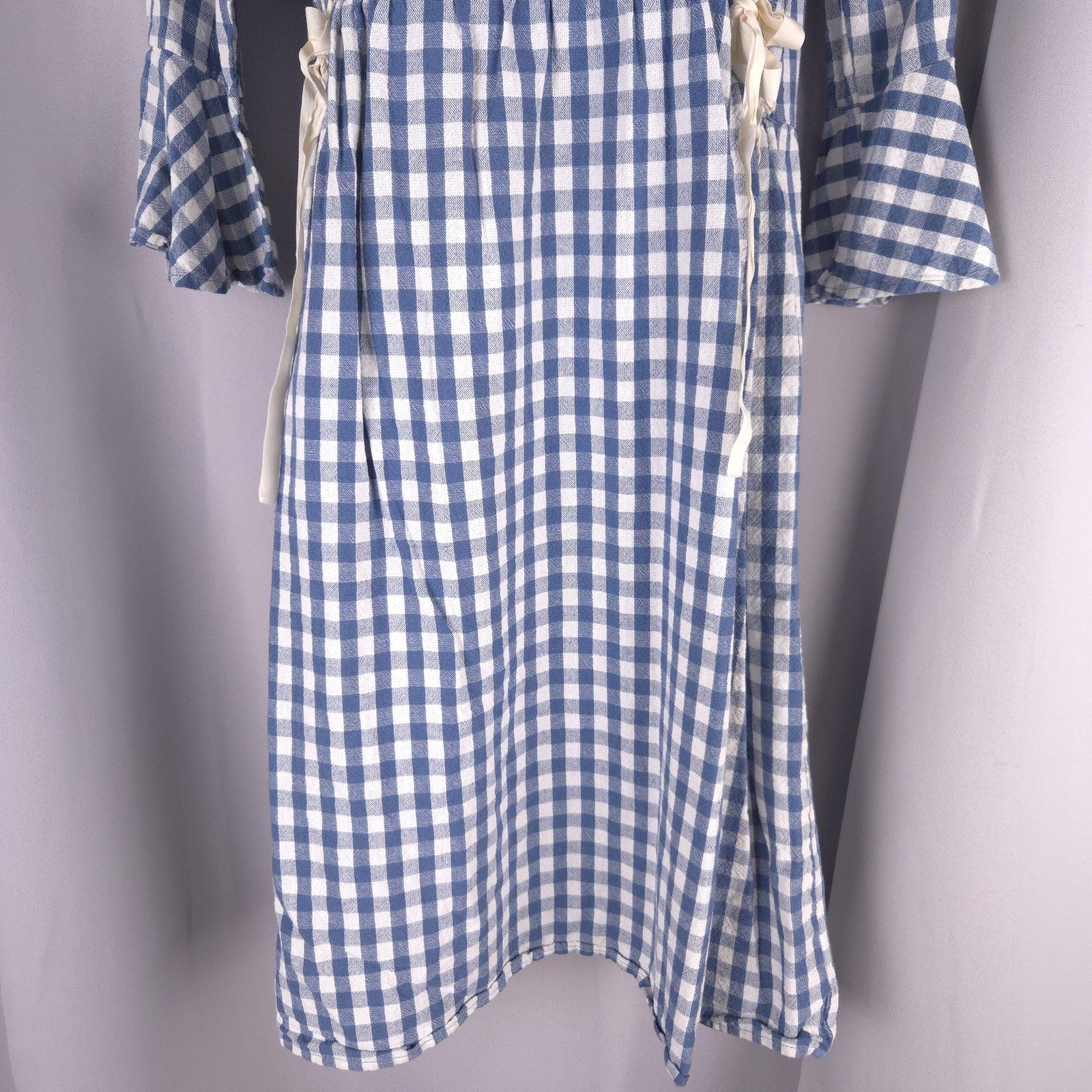 Blue Gingham Check Fit Flare Midi Dress Womens S Ruffle Bell Sleeve Cottagecore