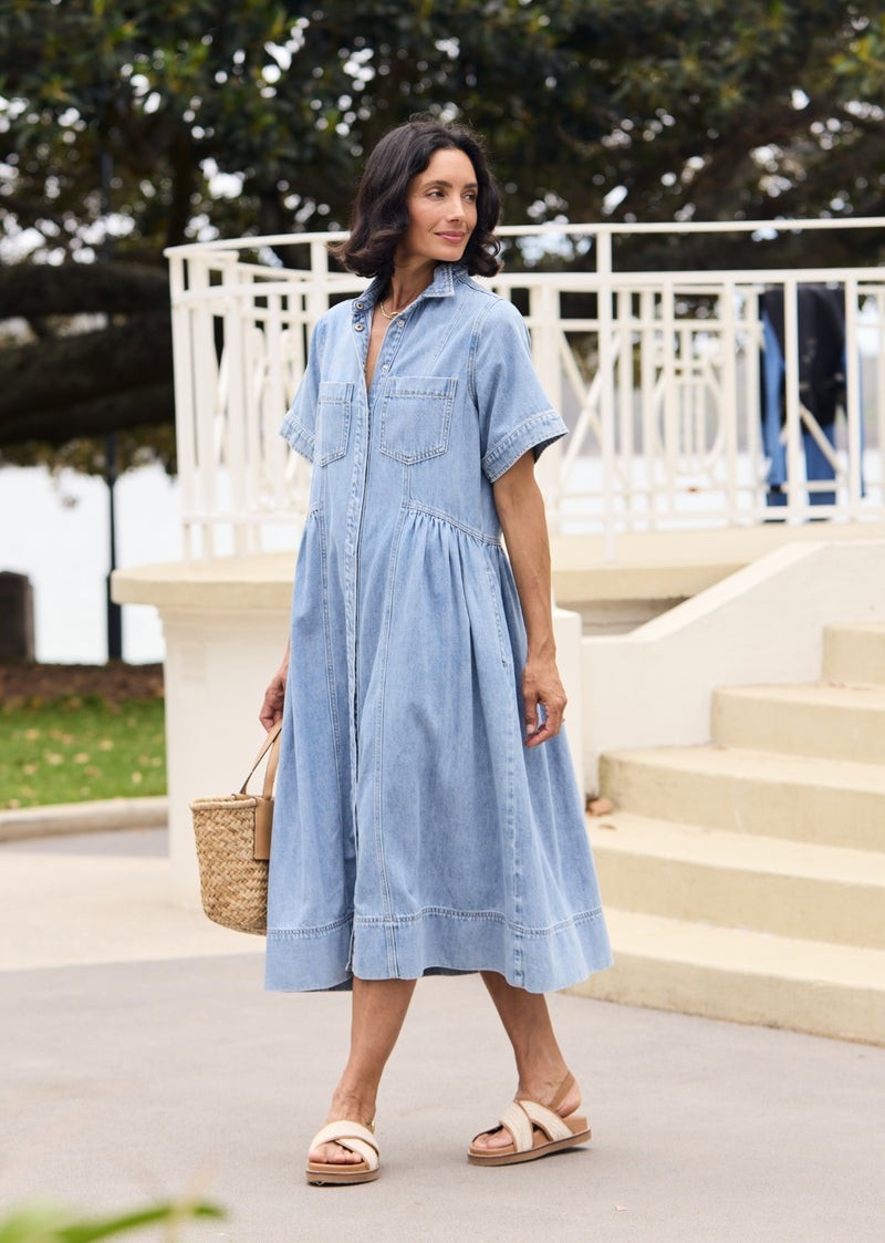 Maye The Label Montana Light Wash Denim Midi Shirt Dress Size Medium