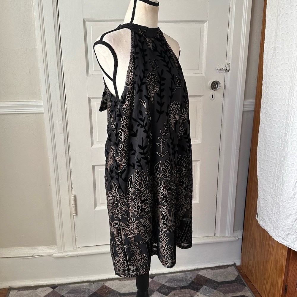 Lost + Wander Merci Gold & Black Velvet Floral Burnout Dress Halter Neckline M