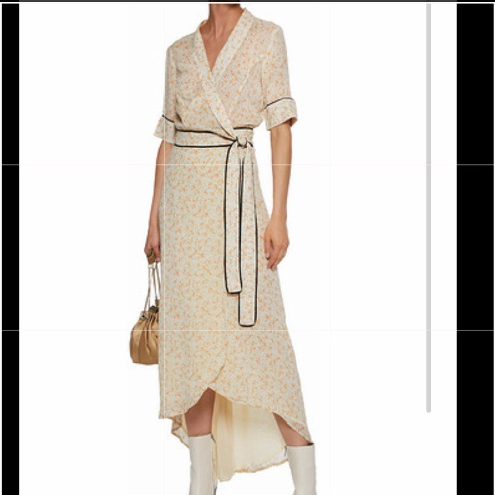 Ganni Floral Pale Orange, Cream, and Black Trim Wrap Dress, size 40/US8 or 10