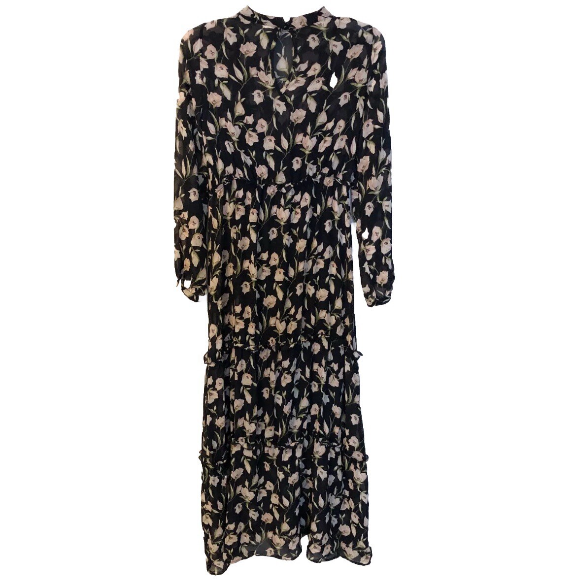 Vila Vimerle Women Black Floral Midi Dress Size 36 = S = 6 Ruffle Long Sleeve