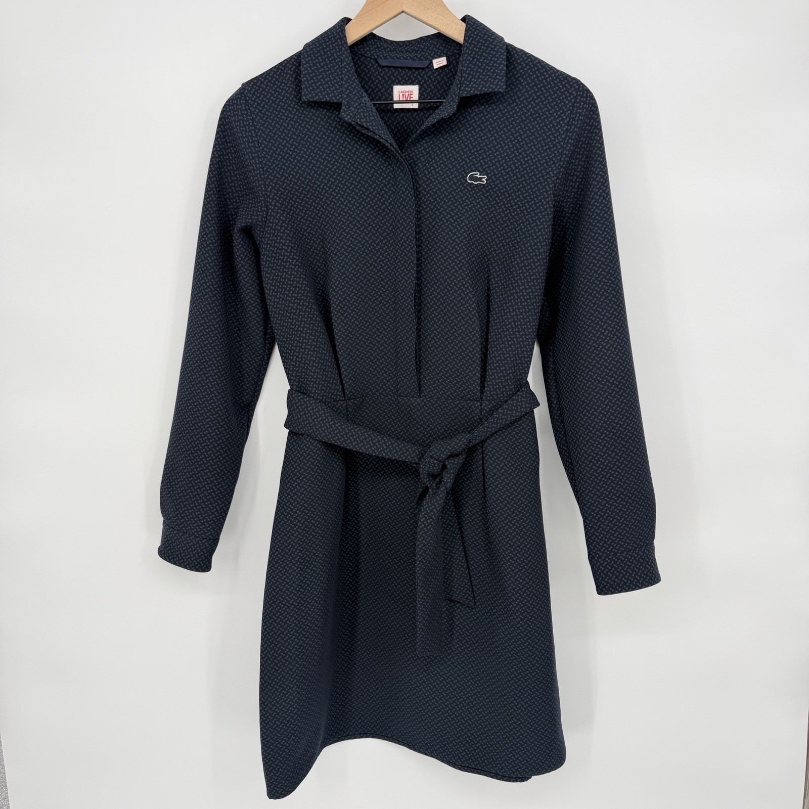 Lacoste Live Sz S Geometric Belted Piqué Long Sleeve Shirt Dress Sporty Preppy
