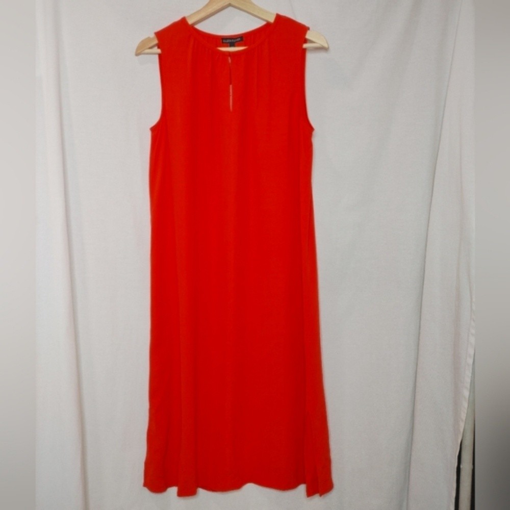 Eileen Fisher Shift Dress Sleeveless Round Split Neck Crepe Tencel Red Orange XS
